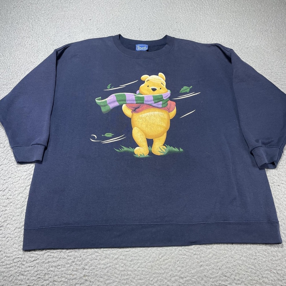 Vintage Pooh Sweatshirt Womens 2XL Blue Winnie The Pooh Scarf Graphic 90s Crew
